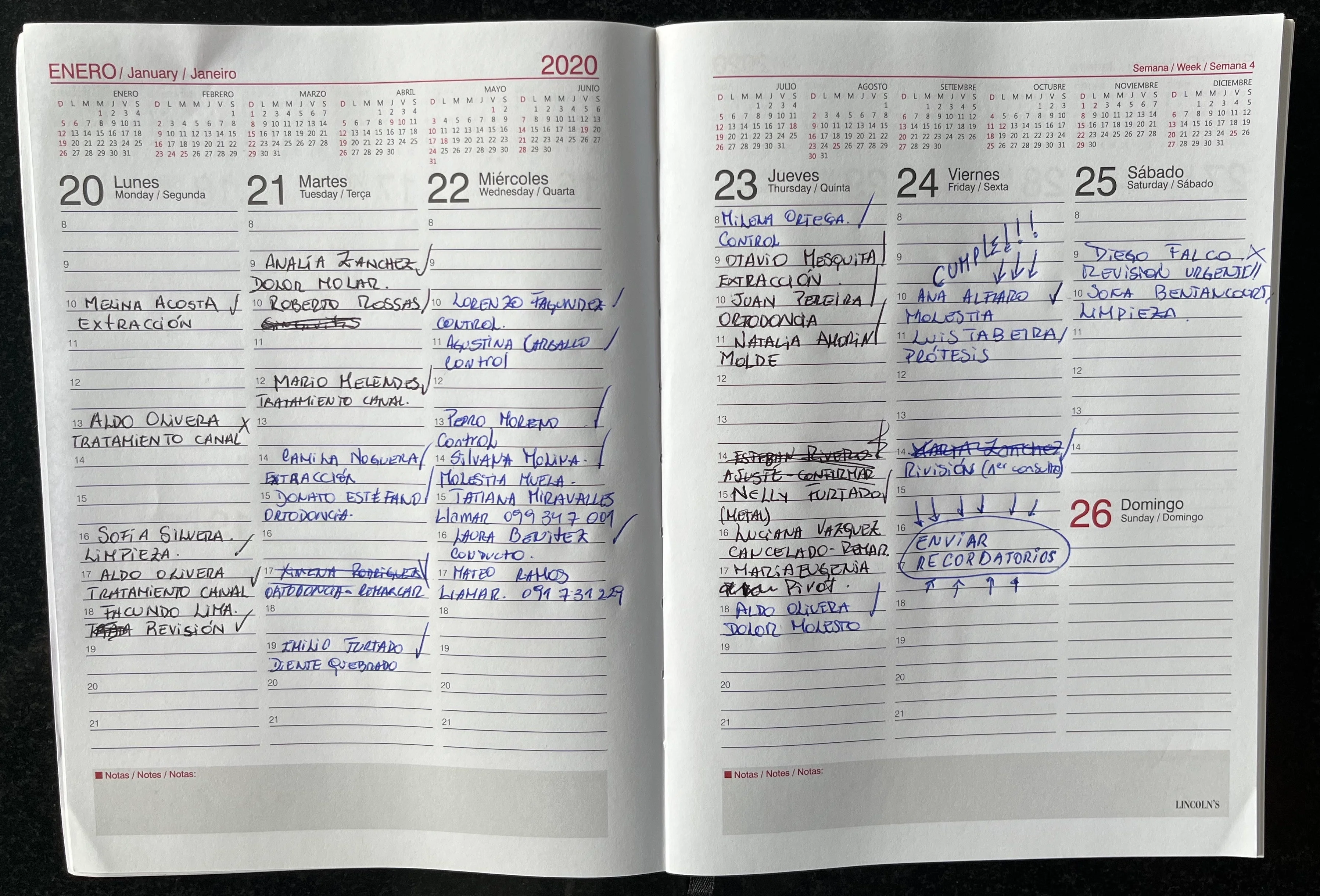 Agenda tradicional escrita a mano con notas y recordatorios