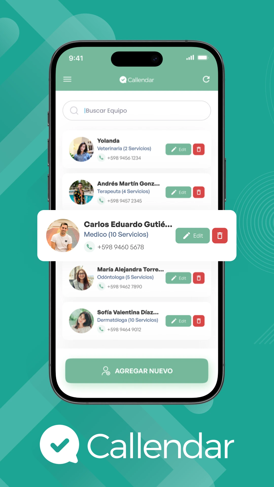 Interfaz de usuario de Callendar mostrando características de gestión de agendas con integración de WhatsApp y Google Calendar en un entorno médico.