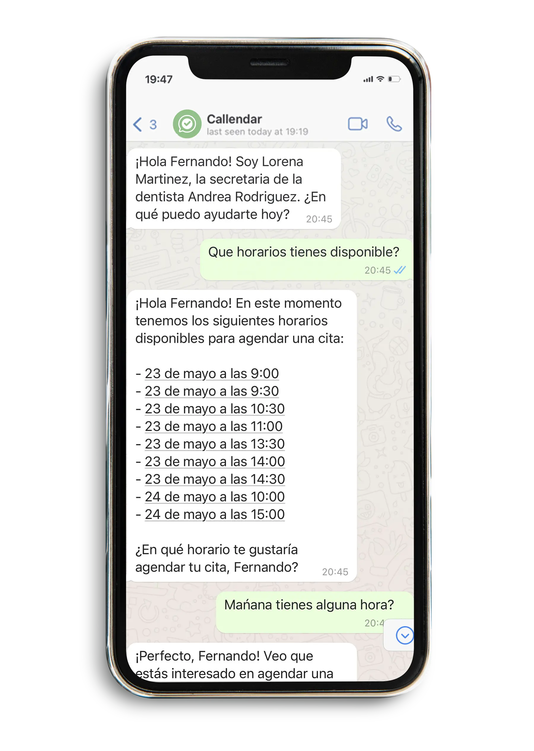 Chat de WhatsApp mostrando la programación automática de citas con Callendar